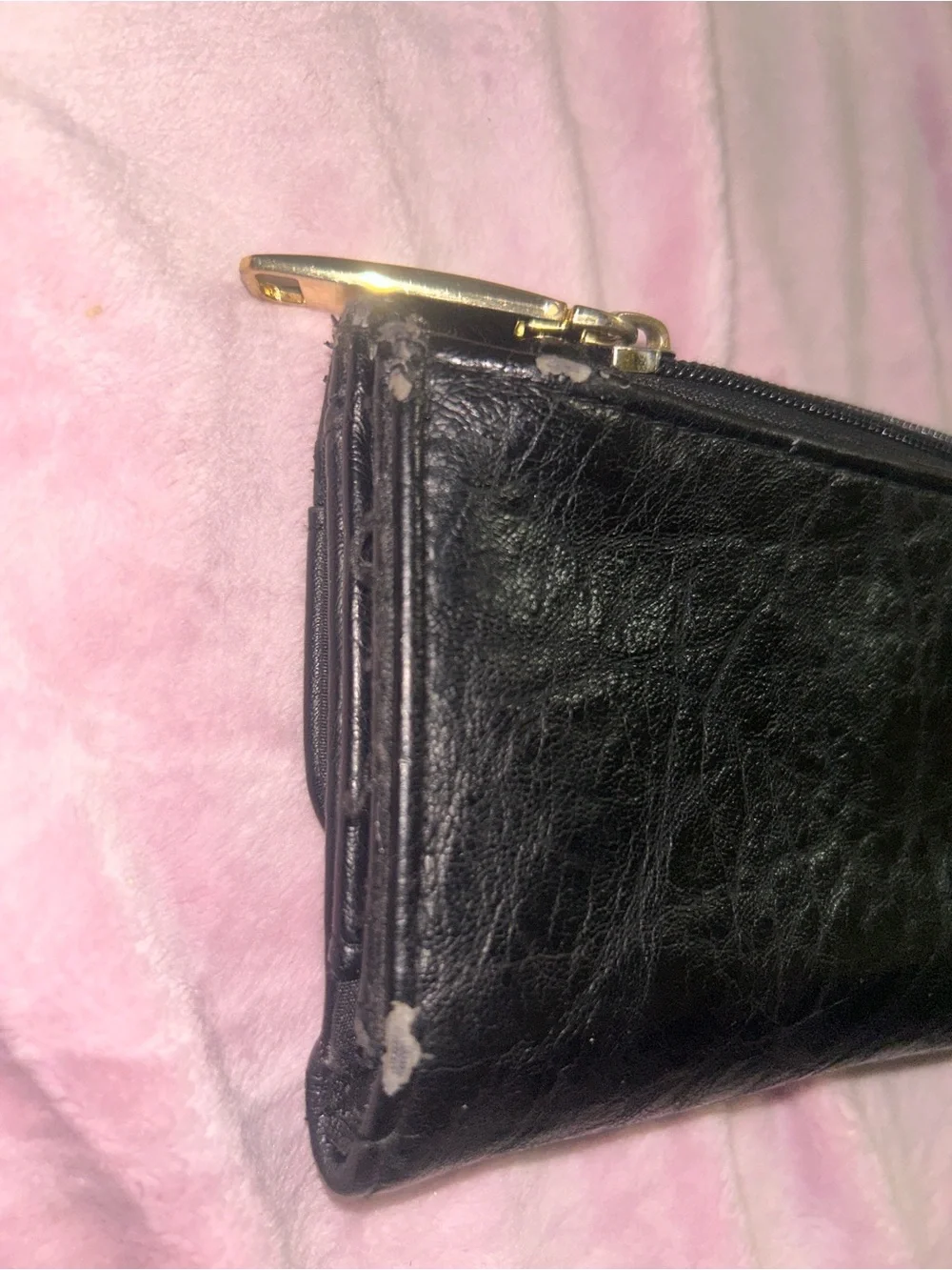 used Max Studio Black Leather Wallet with Gold Logo